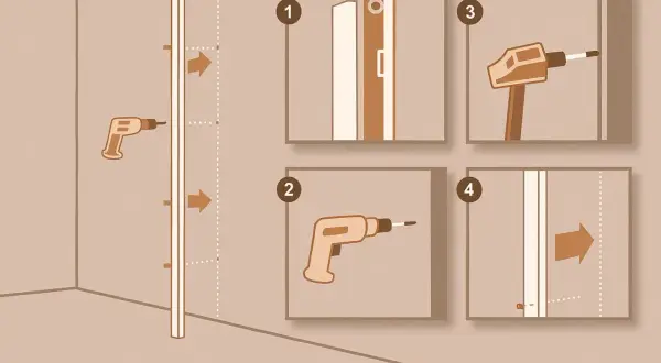 Étapes pour l'installation paroi de douche : perçage, fixation et ajustement.